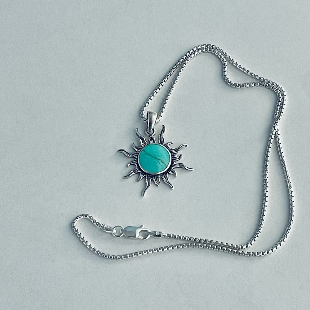 Sterling Silver Synthetic Turquoise Sunburst Necklace, Silver Necklaces, Sunny